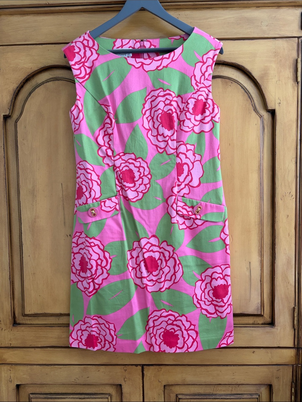 Talbots Pink Floral Sheath Dress with Green Leaves